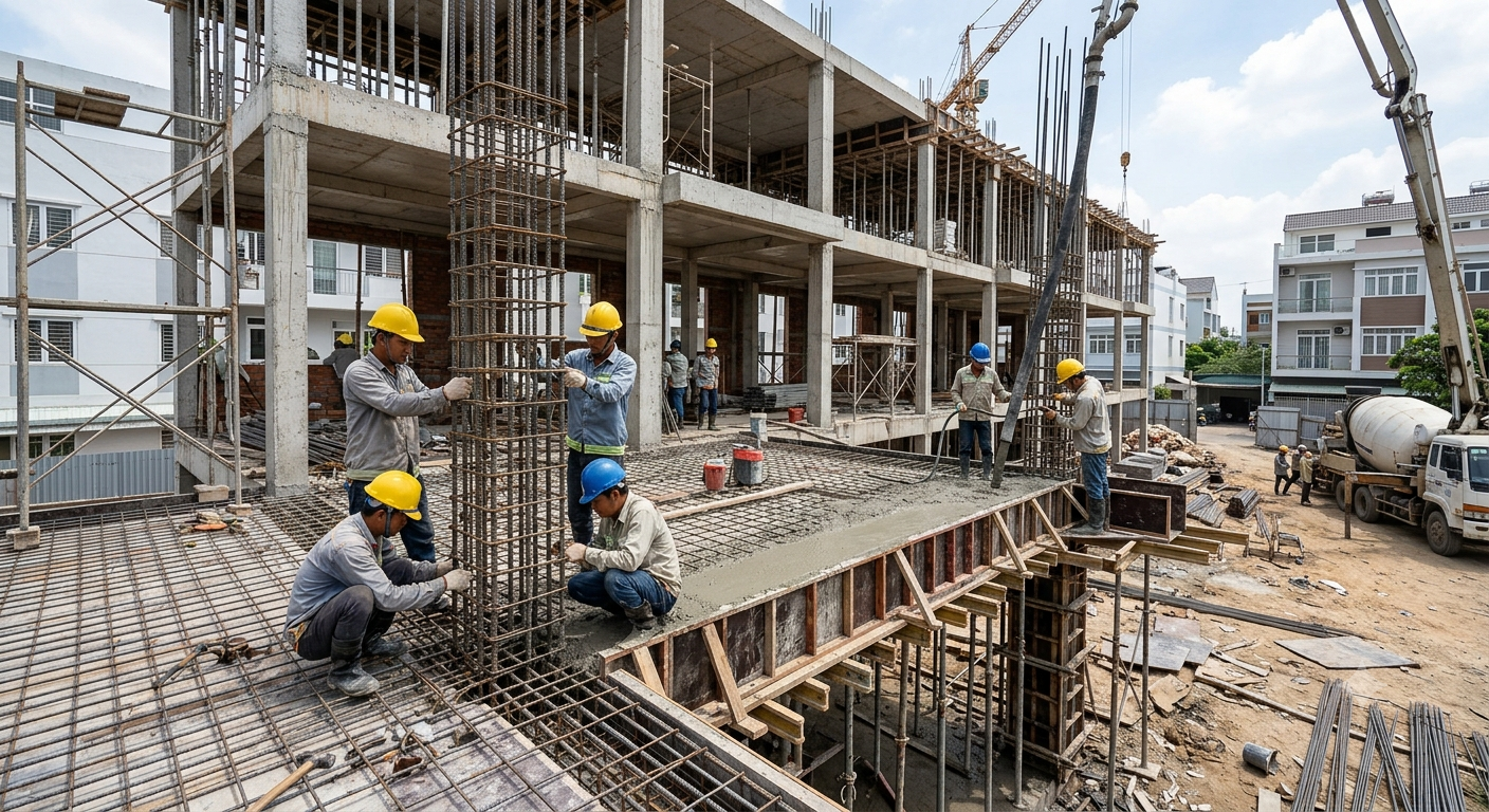 Thi công phần thô - Xây dựng khung xương chịu lực cho ngôi nhà